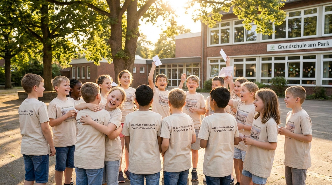 Fröhliche Grundschulklasse in einheitlichen bedruckten Abschluss-Shirts auf dem Schulhof – Kita- und Grundschul-Abschluss-Shirts von Stoff³ Kassel